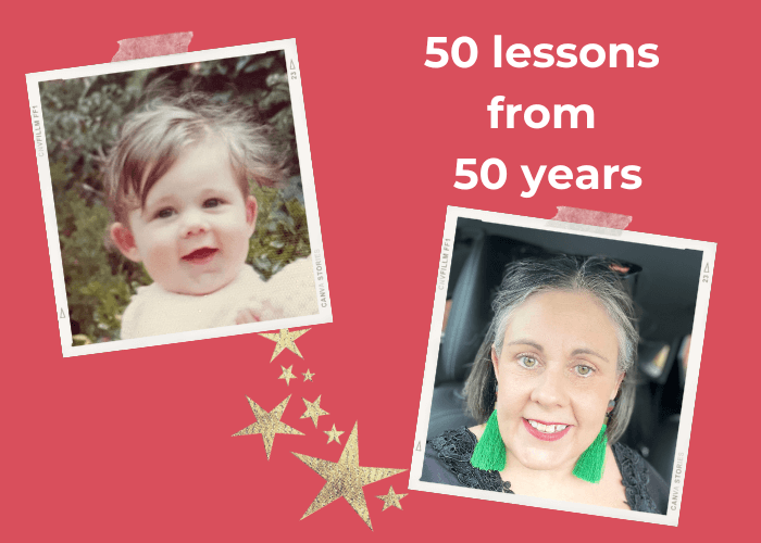 The title says 50 lessons from 50 years and includes a photo of a baby Angela Pickett and a recent photo. She is sharing her business lessons